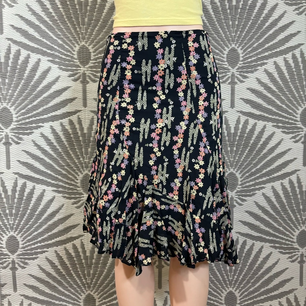 Vtg Gadzooks Midi Skirt Sz M Black Floral Asymmetrical Hem Ruffle Y2K Fairy